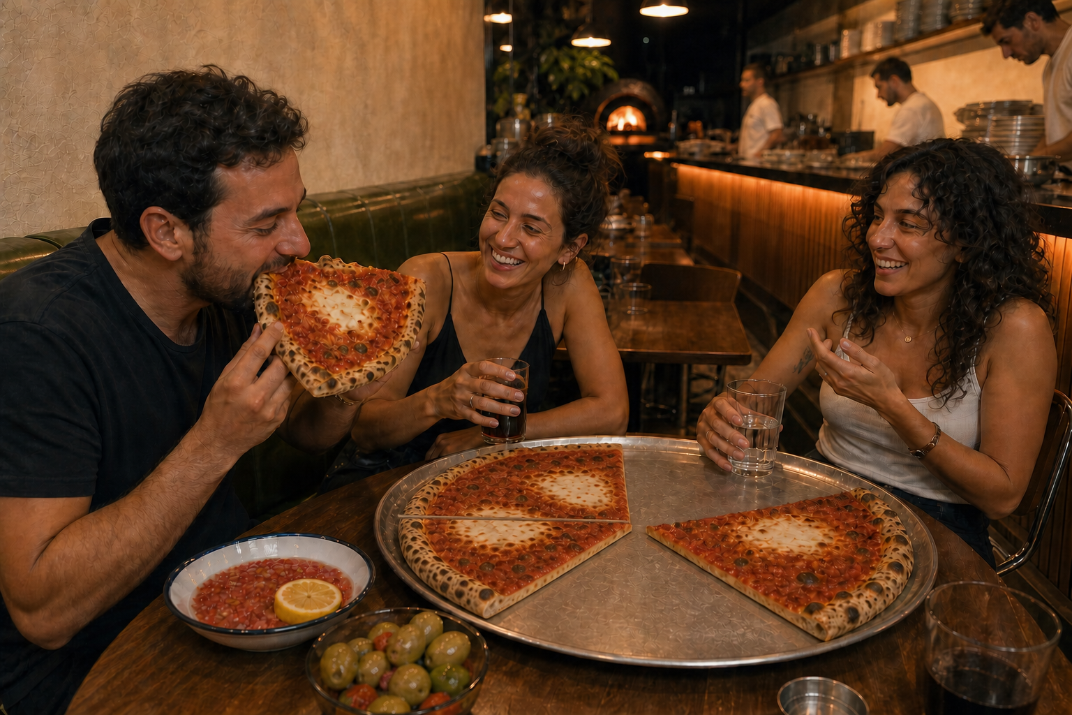 People sharing pizza at Theodor