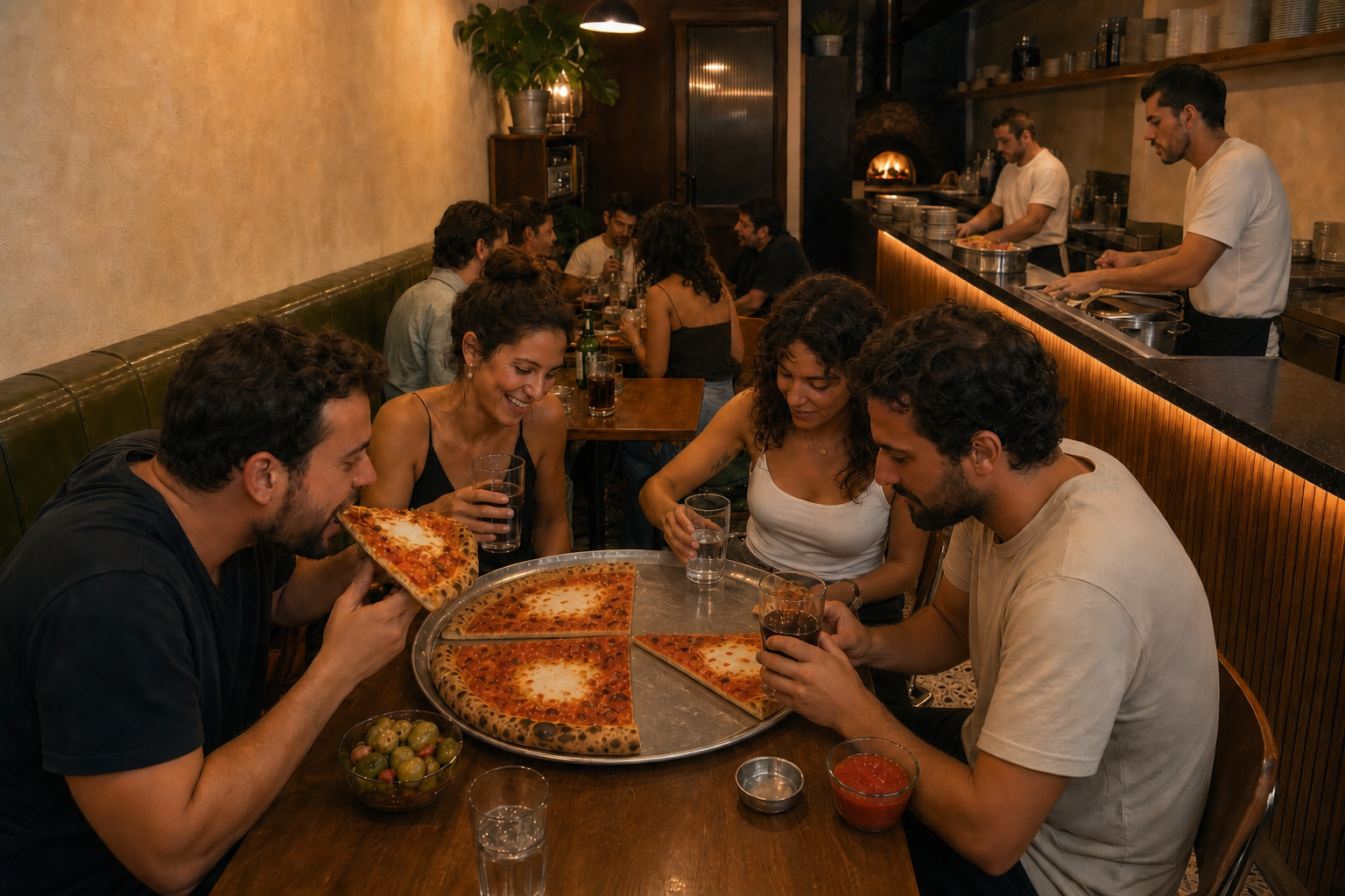 Friends eating Theodor pizza together